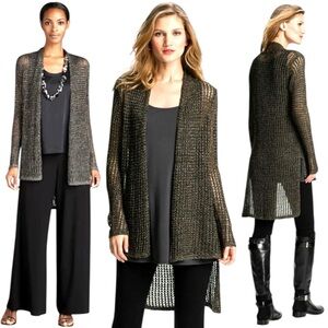 Eileen Fisher Sparkle-Mesh Metallic High-Low Open Knit Cardigan Sweater S $288